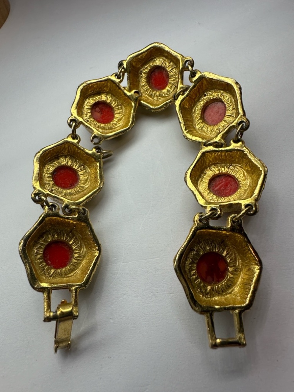 Vintage Czech Glass Bracelet For Repair with Red Marbled Glass Cabochons - Picture 13 of 15